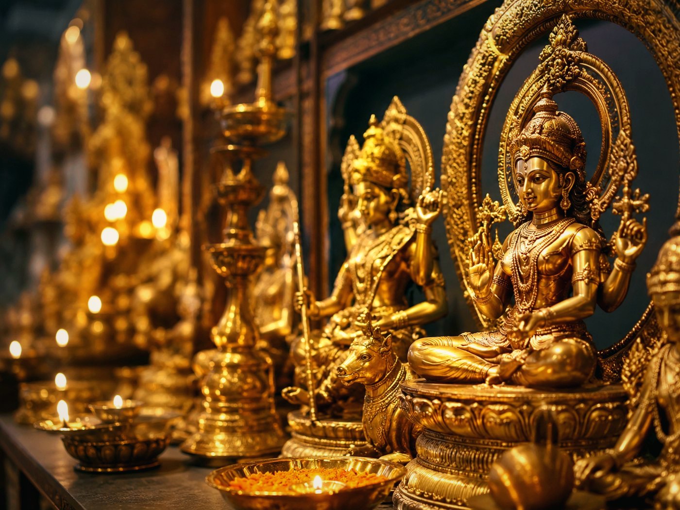 Brass deity display with warm shrine lighting