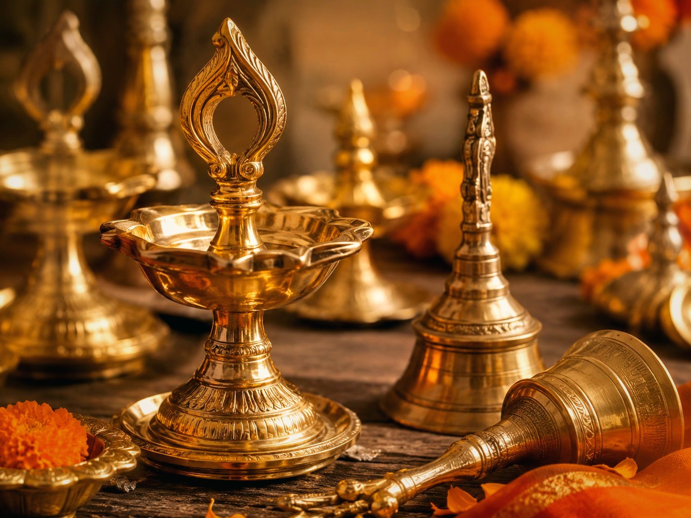 Brass lamps and bells in ritual setting